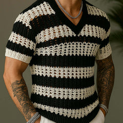 Men's Knitted Contrast Color V-neck Short-sleeved Sweater T-Shirt 14944957X