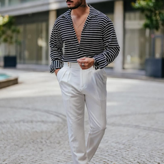 Men's Fashion Striped Lapel Long Sleeve Shirt MTA0138D3Z