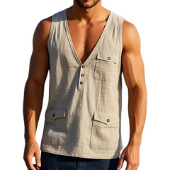 Men's Vintage Linen Multi-Pocket V-Neck Tank Top MTA3187C4TO