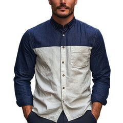 Men's Cotton And Linen Contrast Stitching Basic Long-Sleeved Shirt MTA2596C7U