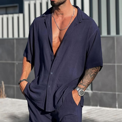 Men's Solid Loose Lapel Short Sleeve Shirt MTA0812D8Z