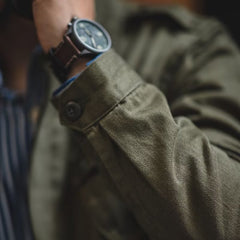 Men's Olive Green Military-Style Jacket with Striped Shirt Combo