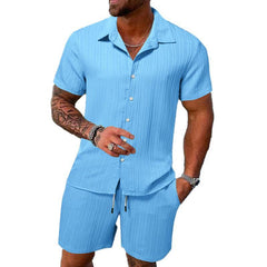 Men's Solid Color Striped Lapel Short Sleeve Shorts Casual Set 63428764X