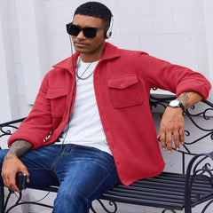 Red Button-Up Fleece Shirt Jacket with Chest Pockets