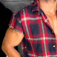 Men's Retro Casual Linen Plaid Print Lapel Short Sleeve Shirt MTA2779C2TO