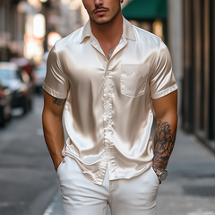 Men's Spring And Summer Fashion Pocket Lace Stitching Satin Short Sleeve Shirt MTA2201C9K