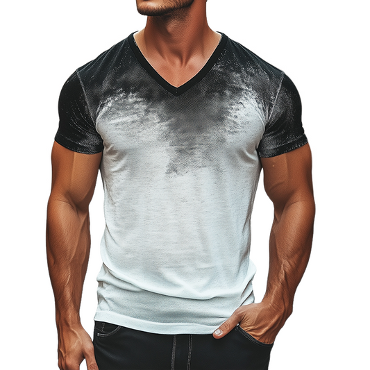 Men's Retro Casual Gradient Printed V-Neck Short Sleeve T-Shirt MTA2524C7TO
