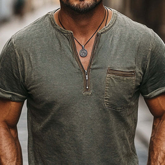 Men's Dark Green Distressed Half-Zip Casual Skin Friendly T-Shirt MTA2644C7U