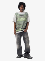 American Street Tactical Vest Print Fake Two-piece Print T-shirt