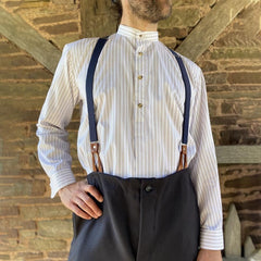 White Collarless Long-Sleeve Shirt for Men - Vintage Stripe Pattern, Casual Daily Tops