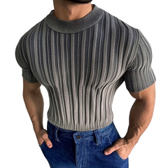 Men's Casual Striped Round Neck Short Sleeve Knitted T-Shirt MTA2748C3X