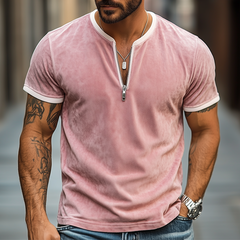Men's Spring And Summer Fashion Slim V-neck Zipper Suede Short-sleeved T-shirt MTA0702D4K