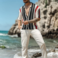 Men's Knit Striped Lapel Lapel Short Sleeve Polo Shirt MTA0156D2Z