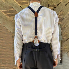 White Collarless Long-Sleeve Shirt for Men - Vintage Stripe Pattern, Casual Daily Tops