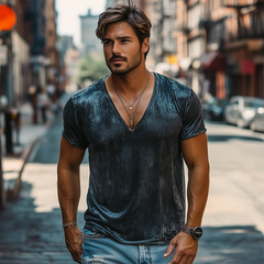 Men's Spring And Summer Fashion Leisure Silk Cotton Deep V Neck T-shirt MTA2429C7K