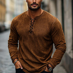 Men's Vintage Brown Suede Lace-Up Long Sleeve T-Shirt MTA1786C1U