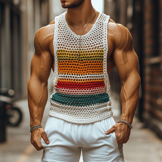 Men's Casual Round Neck Color Striped Crochet Tank Top MTA0774D7M