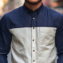 Men's Cotton And Linen Contrast Stitching Basic Long-Sleeved Shirt MTA2596C7U