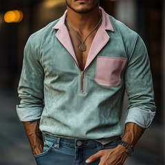 Men's Spring Fashion Casual Contrast Color Stitching Lapel Zipper Suede Long Sleeve Shirt MTA0363D9K
