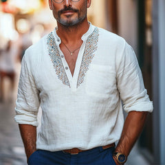 Men's Deep V Neck Vintage Embroidered Cotton And Linen T-Shirt MTA1427C6U