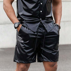 Men's Shiny PU Leather Plain Black Short Sleeve Set MTA2132C4U
