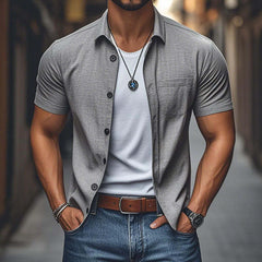 Men's Casual Comfortable Linen Lapel Single Breasted Slim Fit Short Sleeve Shirt MTA2736C3M