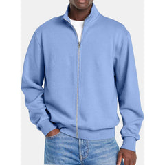 Men's Solid Color Zipper Stand Collar Long Sleeve Sweatshirt Jacket 58782049Y