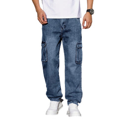 Men's Fashionable Cargo Denim Pants with Multi-Pockets and Casual Style