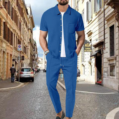 Men's Waffle Solid Color Short Sleeve Shirt And Pants Set 59383797X