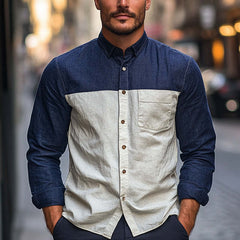 Men's Cotton And Linen Contrast Stitching Basic Long-Sleeved Shirt MTA2596C7U