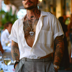 Men's Solid Cotton Lapel Short-sleeved Shirt 45485844X