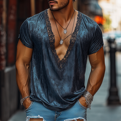 Men's Fashion Retro Sexy Lace Stitching Satin Printed Deep V Neck T-Shirt MTA2451C8K