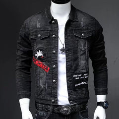 Stylish Men's Denim Jacket with Unique Embroidery and Patches - Perfect for Casual and Trendy Looks