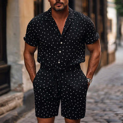 Men's Diamond Dot Lapel Knitted Casual Short Sleeve Shorts Set MTA2651C2U