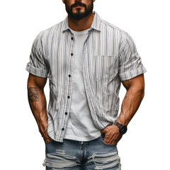 Men's Casual Cotton Linen Striped Lapel Single Breasted Loose Short Sleeve Shirt MTA2759C3M