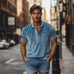 Men's Spring Fashion Deep V-Neck Sexy Lace Stitching Velvet Short-Sleeved POLO Shirt MTA2637C7K