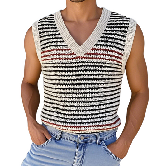 Men's Casual V Neck Contrast Color Striped Knitted Tank Top MTA0787D6M