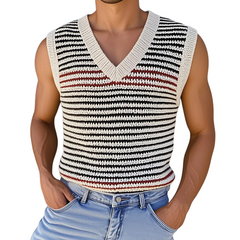 Men's Casual V Neck Contrast Color Striped Knitted Tank Top MTA0787D6M