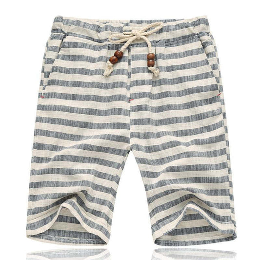 Men's Casual Cotton Linen Stripe Elastic Waist Straight Shorts 54118289M