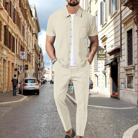 Men's Waffle Solid Color Short Sleeve Shirt And Pants Set 59383797X