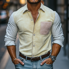 Men's Spring Fashion Casual Slim Suede Splicing Long Sleeve Shirt MTA0317D7K