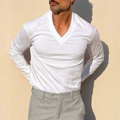 Men's Solid Color Blend V-Neck Long Sleeve T-Shirt MTA2785C7X