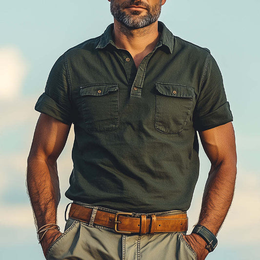 Men's Summer Distressed Polo Collar Double Pocket Casual T-Shirt MTA2784C5U