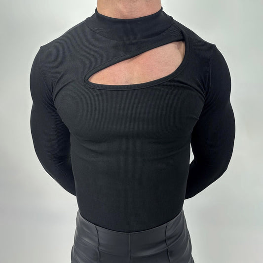 High-Neck Cut-Out Ribbed T-shirt for Modern Fashionistas