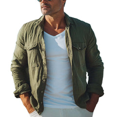 Men's Spring And Autumn Army Green Cotton And Linen Long Sleeve Shirt MTA1895C9U