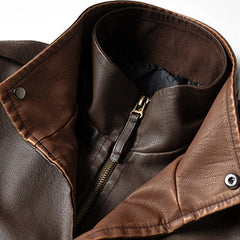 Men's Vintage Double Collar Leather Long Sleeve Zip Fly Bomber Jacket 26675178M