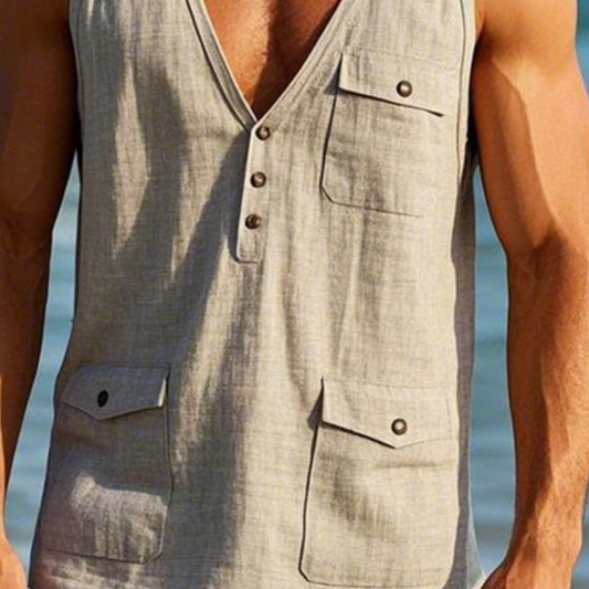 Men's Vintage Linen Multi-Pocket V-Neck Tank Top MTA3187C4TO