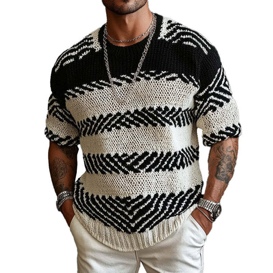 Men's Contrast Knitted Round Neck Half Sleeve Sweater T-Shirt MTA1740C9X