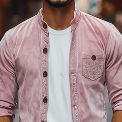 Men's Spring Fashion Casual Stand Collar Embroidered Suede Long Sleeve Shirt MTA3127C8K