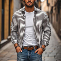 Men's Casual Comfort Cotton Linen Striped Lapel Chest Pocket Loose Long Sleeve Shirt MTA2798C4M